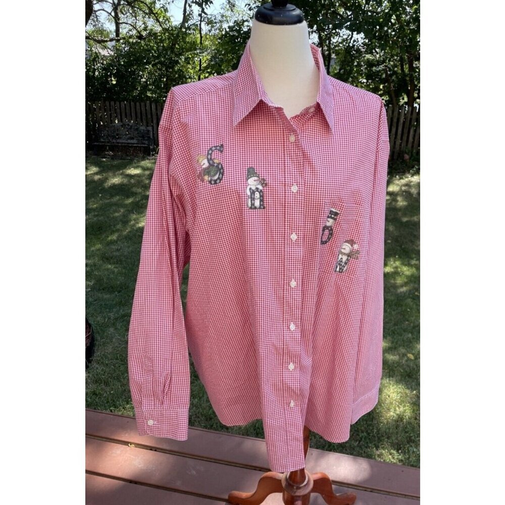 Red Gingham Button-Up Shirt With Snowman Embroidery By Las Olas 1X Cotton Womens